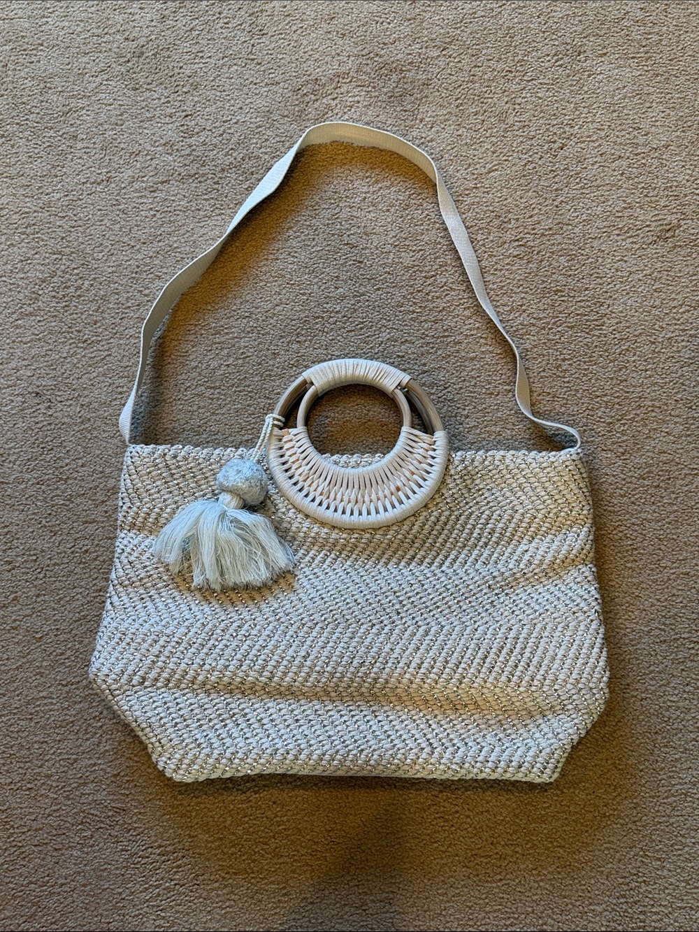 Neutral Woven Tote with Round Handle and Tassel - Cream